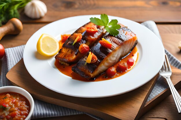 Foto un plato de salmón con salsa de tomate y rodajas de limón