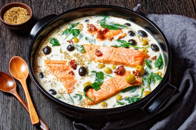 Plato de salmón toscano de filete de salmón con piel a la sartén con salsa de crema, ajo, puerro, tomates secados al sol, aceitunas y espinacas en una fuente para hornear negra sobre una mesa de madera oscura, vista superior, primer plano