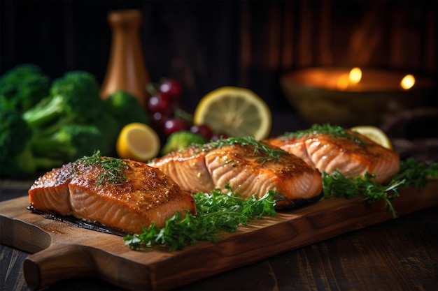 Un plato de salmón con una variedad de verduras.