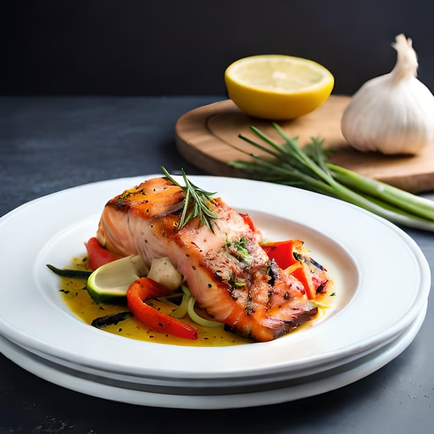 Un plato de salmón con verduras y limones encima.