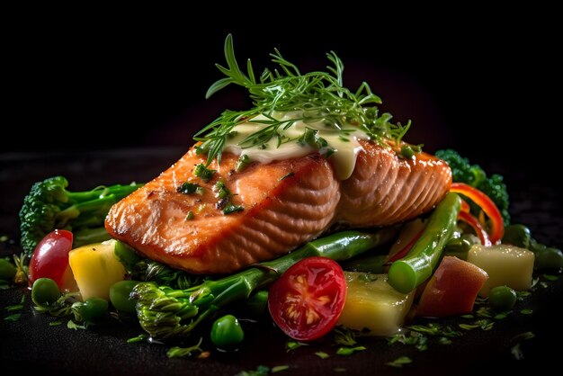 Foto un plato de salmón con verduras y un lugar para una comida.