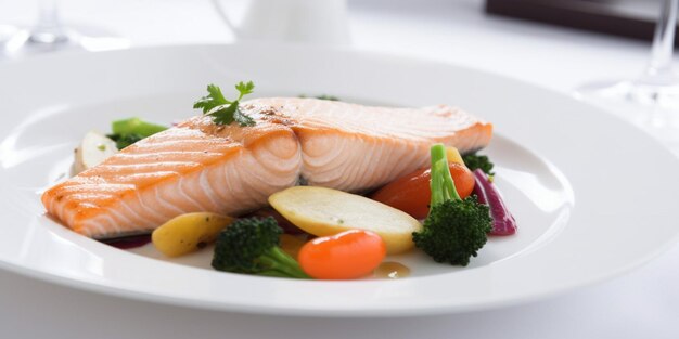 Un plato de salmón con verduras