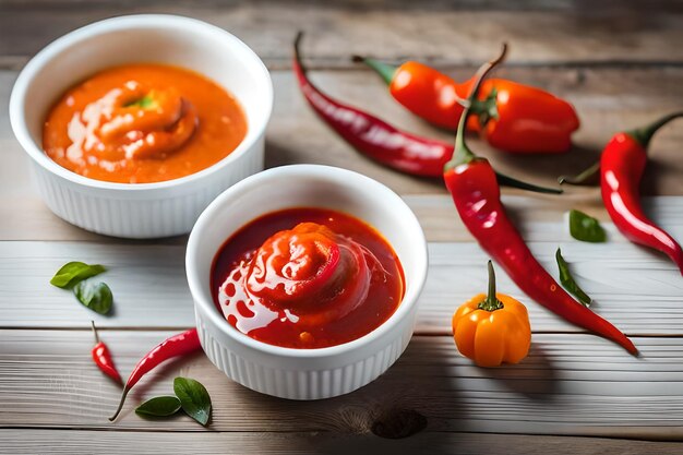 un plato de salsa de chile con un pimienta roja en la mesa.