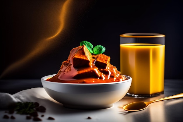 Un plato de salsa roja con un vaso de leche y un vaso de té verde.