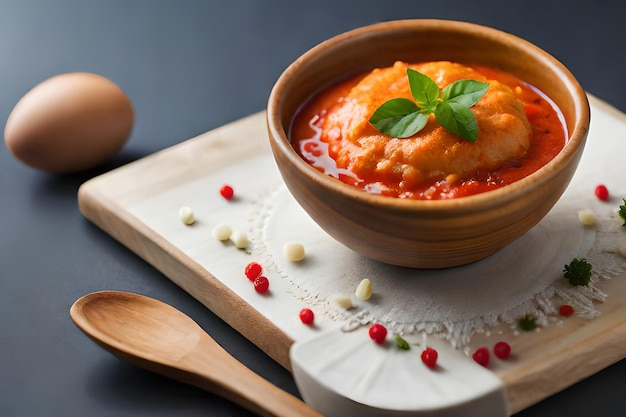 Un plato de salsa de tomate con una cuchara sobre una tabla de madera