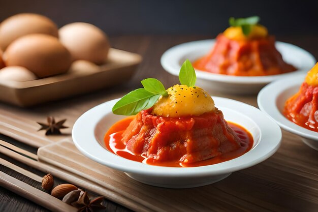 Un plato de salsa de tomate con unos huevos al lado.