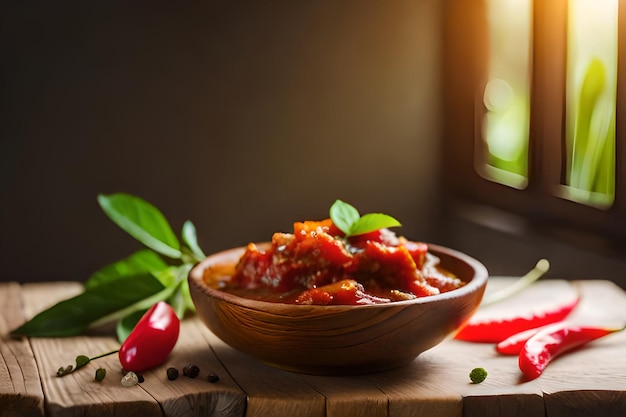 Un plato de salsa de tomate con pimiento rojo y albahaca sobre una mesa de madera.