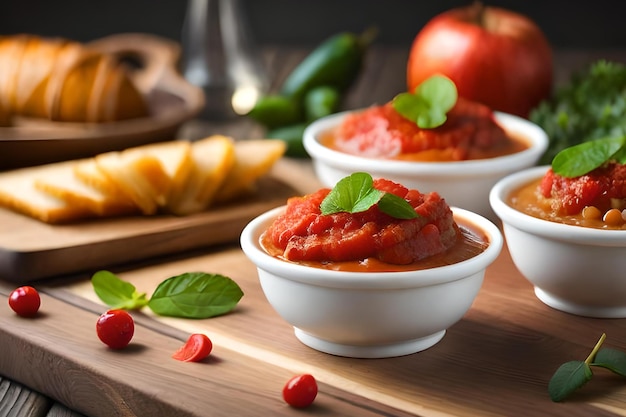 Un plato de salsa de tomate con unas rebanadas de pan al lado.