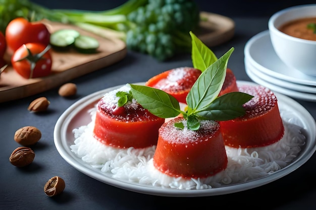 Un plato de salsa de tomate rojo con algunas hojas verdes.