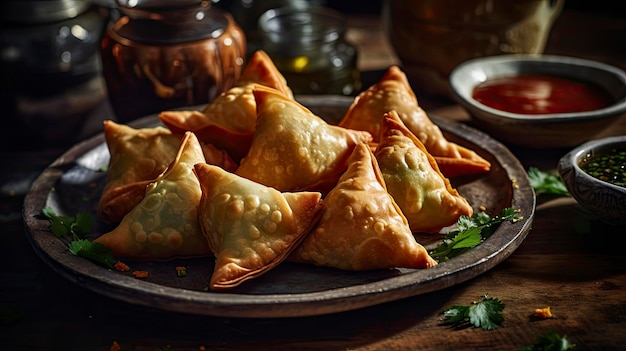 Un plato de samosas con una guarnición de salsa