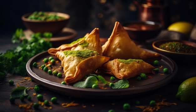 Un plato de samosas con guisantes verdes y un plato de comida.