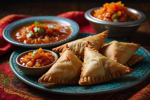 Foto un plato de samosas con un lado de salsa habanero ardiente