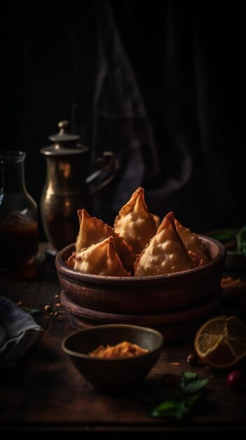 Un plato de samosas con un plato de comida sobre la mesa.