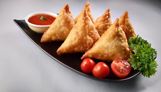 Plato de samosas con salsa aislada en fondo blanco ai generado