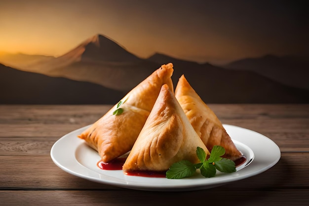 Un plato de samosas con salsa roja