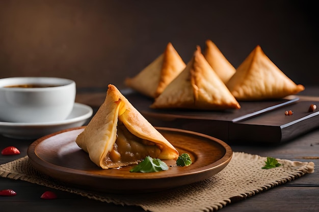 Un plato de samosas con una taza de café al lado.