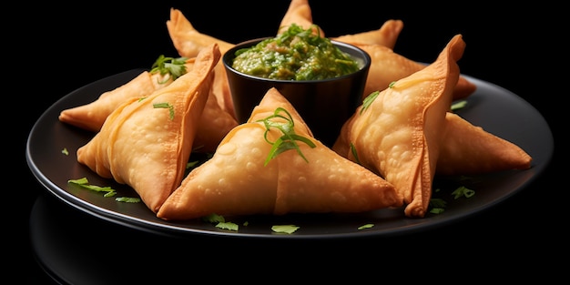 Un plato de samosas de verduras con chutney para sumergir