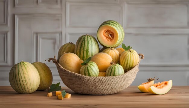 un plato de sandía, melón y melón están en una mesa