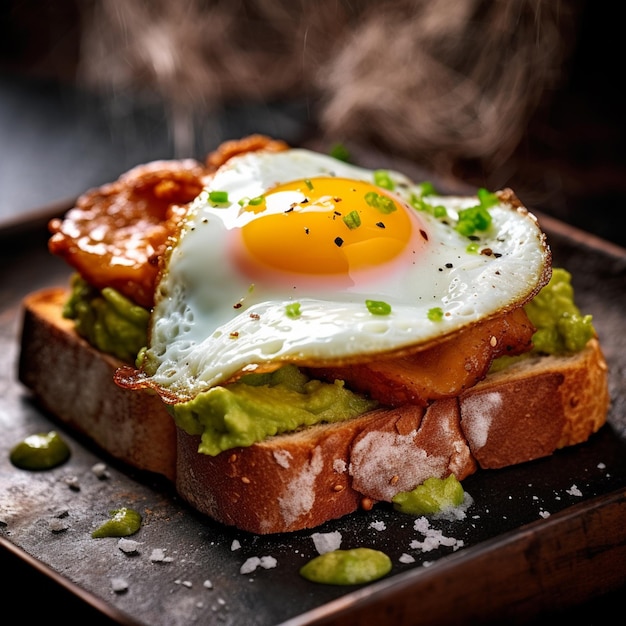 Un plato con un sándwich de desayuno con un huevo encima.