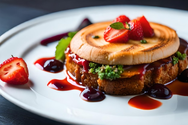 un plato con un sándwich y una fresa encima