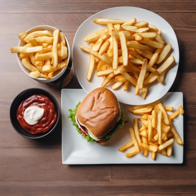 Un plato con un sándwich y un plato de papas fritas