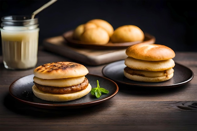 Un plato de sándwiches de desayuno con un vaso de leche al fondo