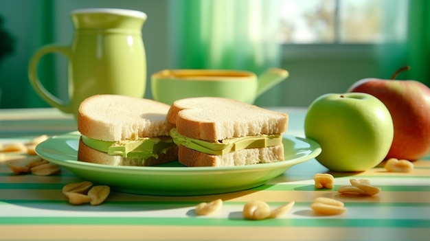 Foto un plato con sándwiches y manzanas con un plato verde con un sándwich encima.