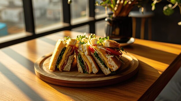 Foto el plato de sándwiches está en la mesa de madera.