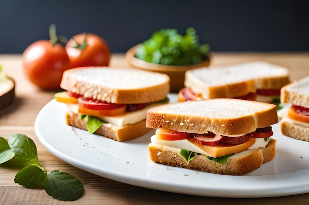 Un plato de sándwiches con tomates y queso