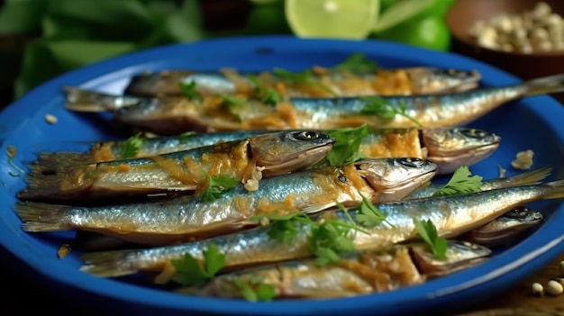 Un plato de sardinas con una rodaja de lima al lado