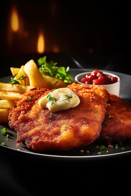 Un plato de schnitzel con una guarnición de papas fritas y una guarnición de ketchup.