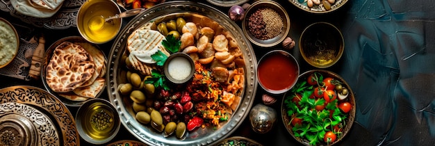 Plato del Seder de la Pascua con una amplia gama de alimentos simbólicos que reflejan el aspecto multicultural de las vacaciones