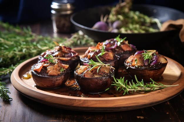 Un plato de setas rellenas de dátiles y jamón