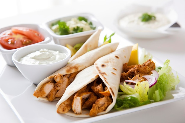 Un plato de shawarma con ensalada y ensalada.