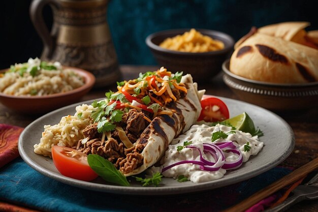 Foto plato de shawarma con un lado de baba ganoush