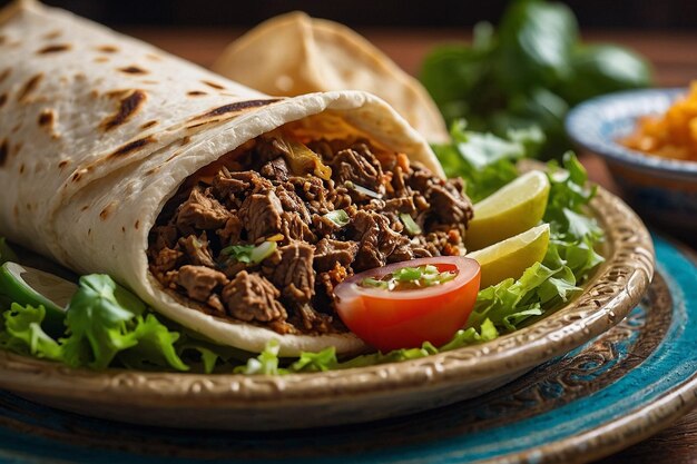 Foto plato de shawarma con un lado de baba ganoush