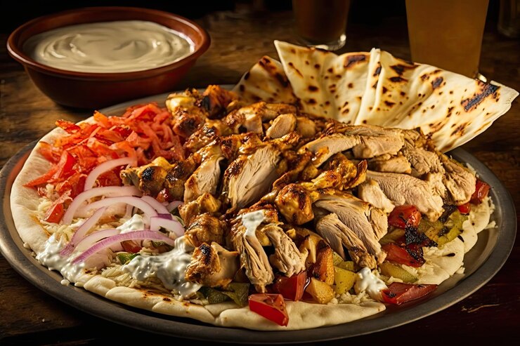 Plato de shawarma repleto de pollo jugoso y salsas sabrosas creadas con IA generativa