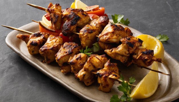 Foto un plato de shish kabob con cuñas de limón