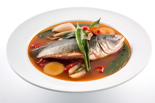 Plato de sopa agria Sinigang hecho con pescado, tamarindo, tomates, cebollas, plato filipino generativo AI