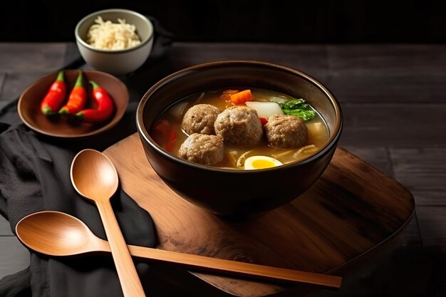 Un plato de sopa de albóndigas con una cuchara de madera al lado