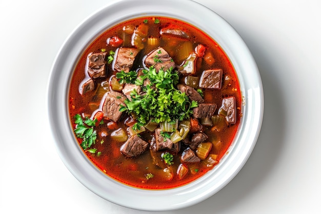 Plato con sopa de borsch ucraniano sobre un fondo blanco