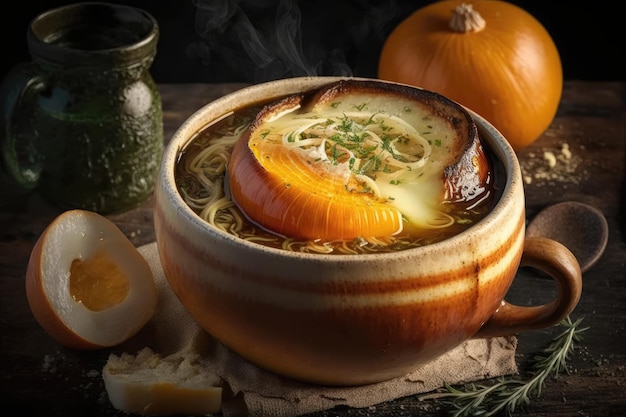 Un plato de sopa con una calabaza al lado.