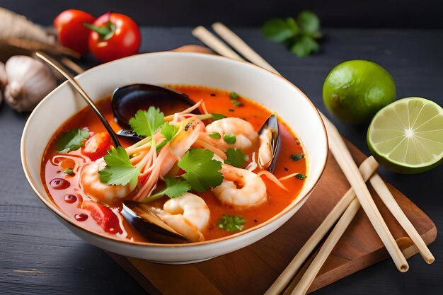 Foto un plato de sopa de camarones con palillos y verduras sobre una tabla de madera.