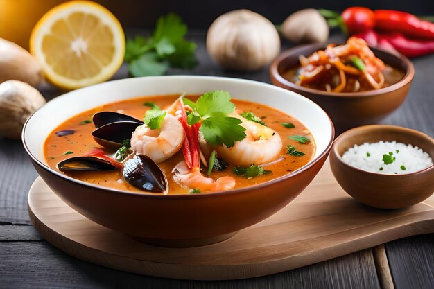 un plato de sopa con camarones y verduras en una tabla de madera