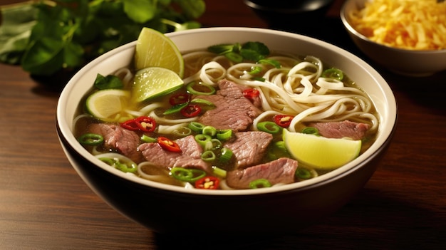 Foto un plato de sopa con carne y fideos