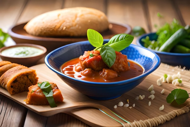 Un plato de sopa de carne y tomate con una guarnición de pan al lado.