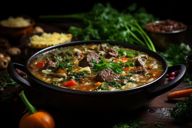 Un plato de sopa con carne y verduras AI