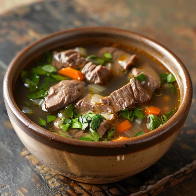 Foto un plato de sopa con carne y verduras en una mesa