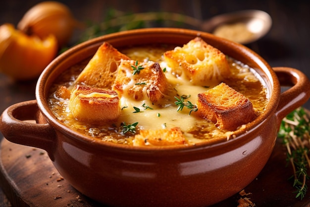 Un plato de sopa de cebolla francesa con picatostes y un plato de picatostes.