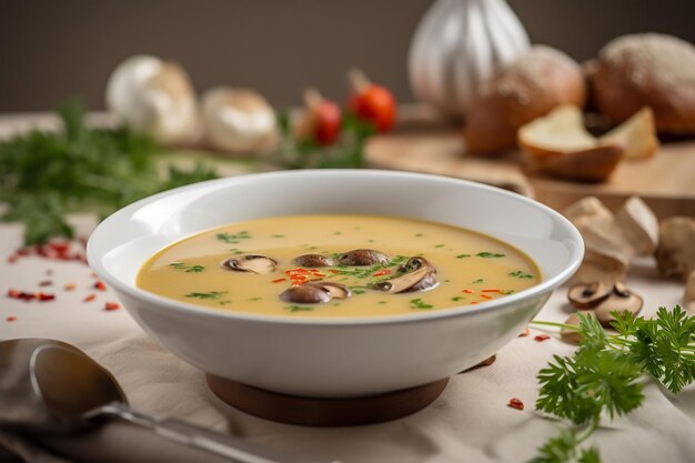 Un plato de sopa con champiñones y zanahorias en una mesa